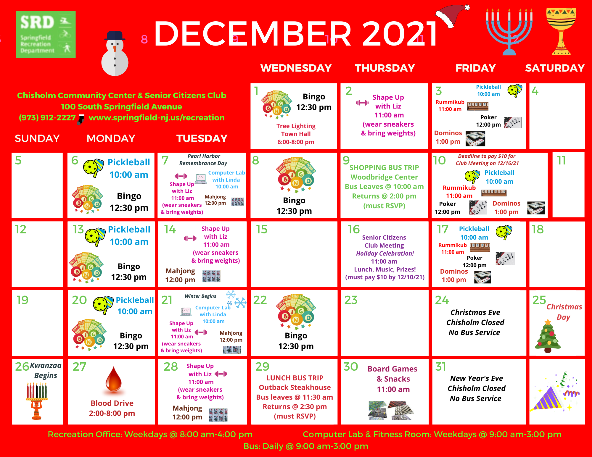 Recreation Department Releases December 2021 Calendar for Senior